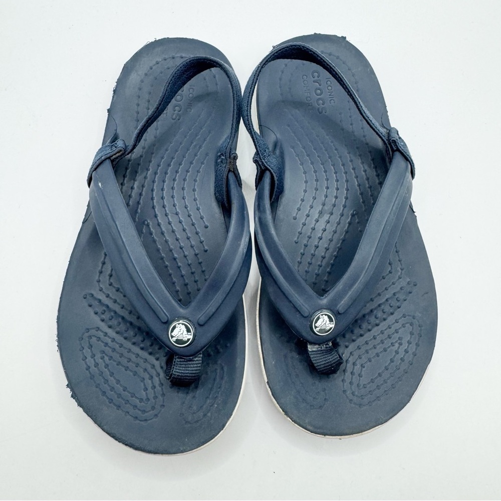 CROCS navy blue toddler flip flops sandals with elastic back 10